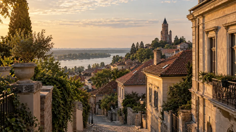 Pogled preko istorijskih krovova Zemuna ka Gardošu i Dunavu